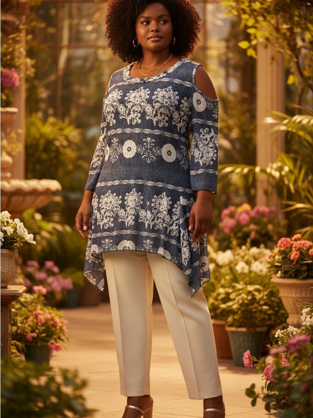 Kaktus Navy and White Floral Cold-Shoulder Top